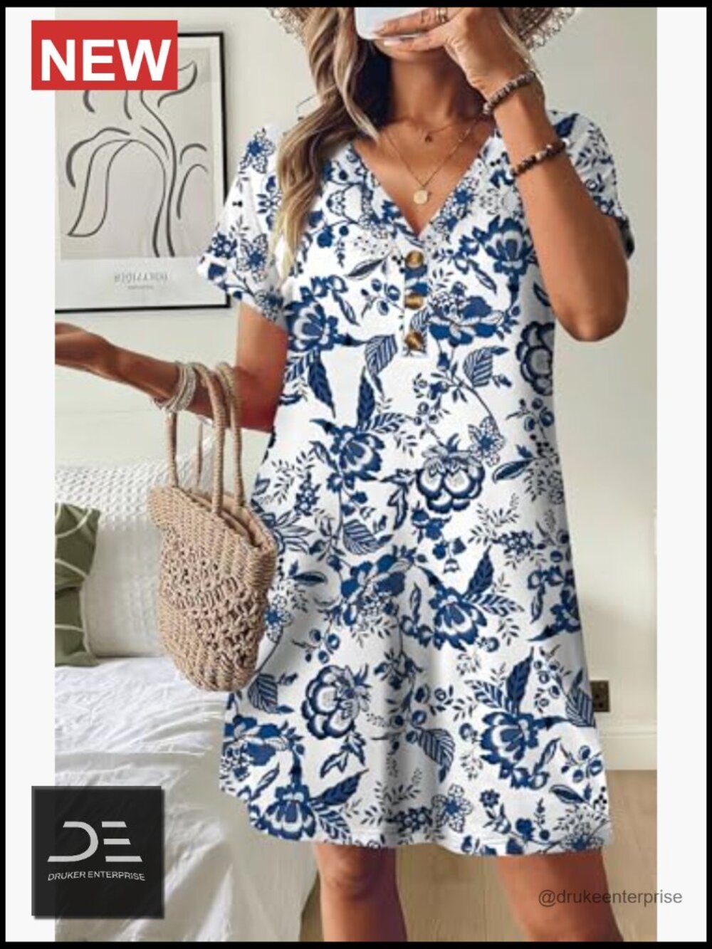 Summer Midi Dress with Sleeves Button Down Beach Vacation Casual Flowy V-Neck - Picture 3 of 6